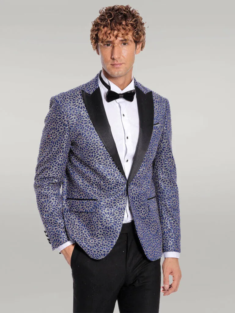 Flower Embroidered Pattern Navy Blue Men Party Blazer - Wessi