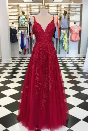 kamahe A Line V Neck Burgundy Lace Prom Dresses, Wine Red Lace Formal Evening Dresses