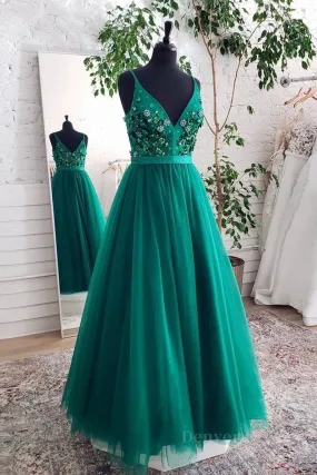 kamahe A Line V Neck Open Back Green Floral Long Prom Dresses, Open Back Green Formal Evening Dresses