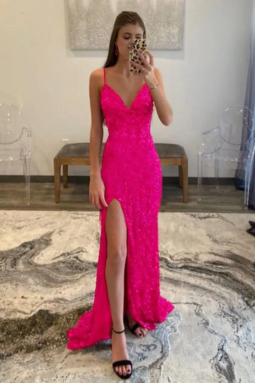 kamahe Hot Pink Sequins Glitter Prom Dress with Slit Formal Evening Dresses