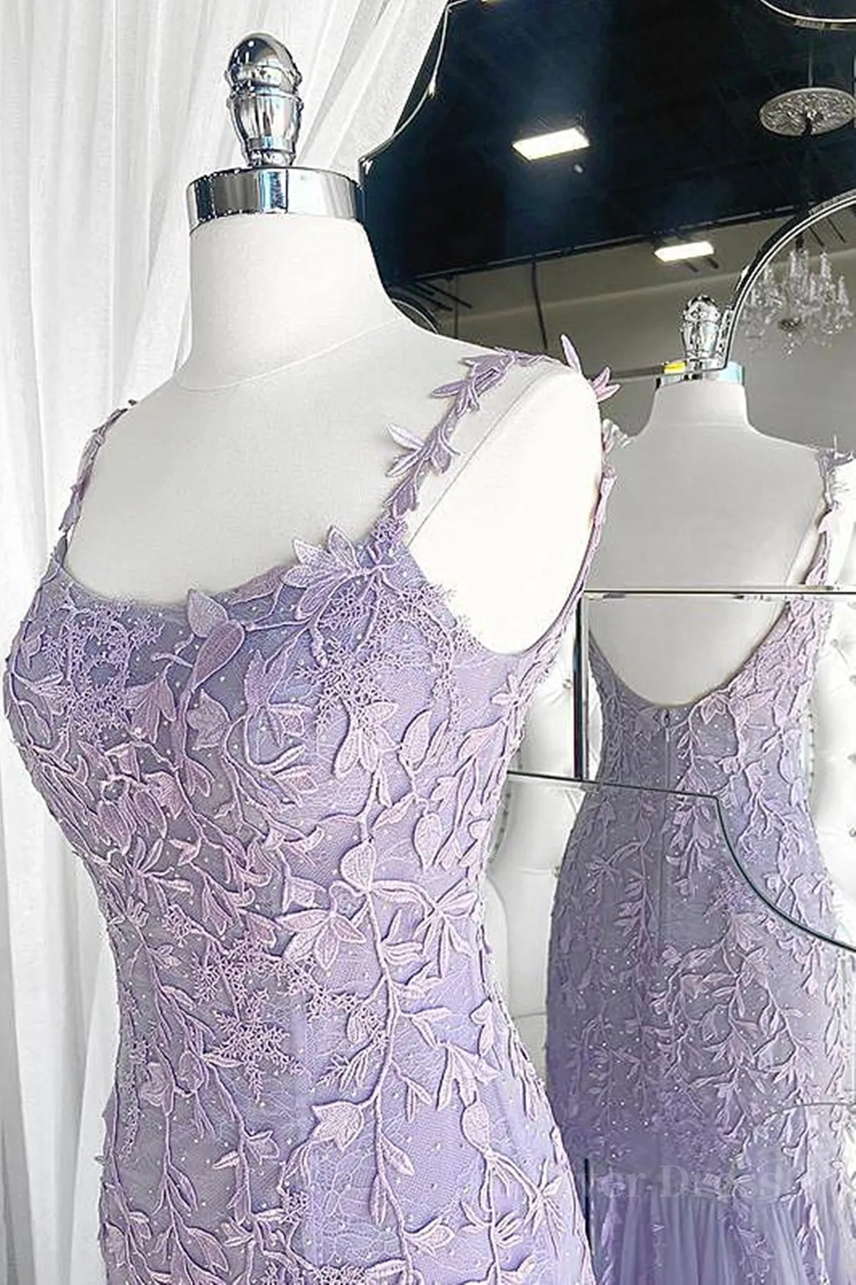 kamahe Light Purple Lace Mermaid Prom Dresses, Purple Lace Mermaid Formal Evening Dresses