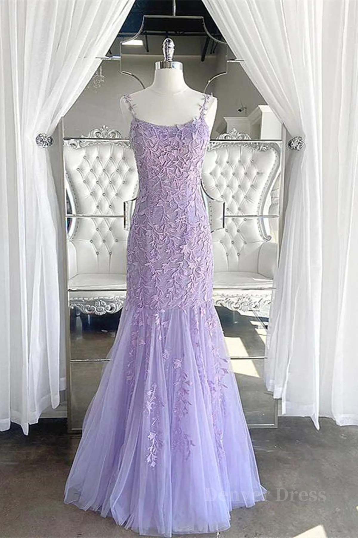 kamahe Light Purple Lace Mermaid Prom Dresses, Purple Lace Mermaid Formal Evening Dresses