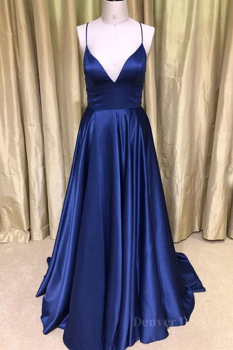 kamahe Royal Blue V Neck Backless Satin Long Prom Dresses, Royal Blue Formal Dresses, Backless Royal Blue Evening Dresses