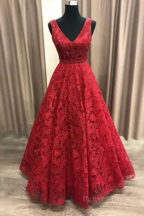 kamahe V Neck Burgundy Lace Long Prom Dresses, Burgundy Lace Formal Dresses, Burgundy Evening Dresses