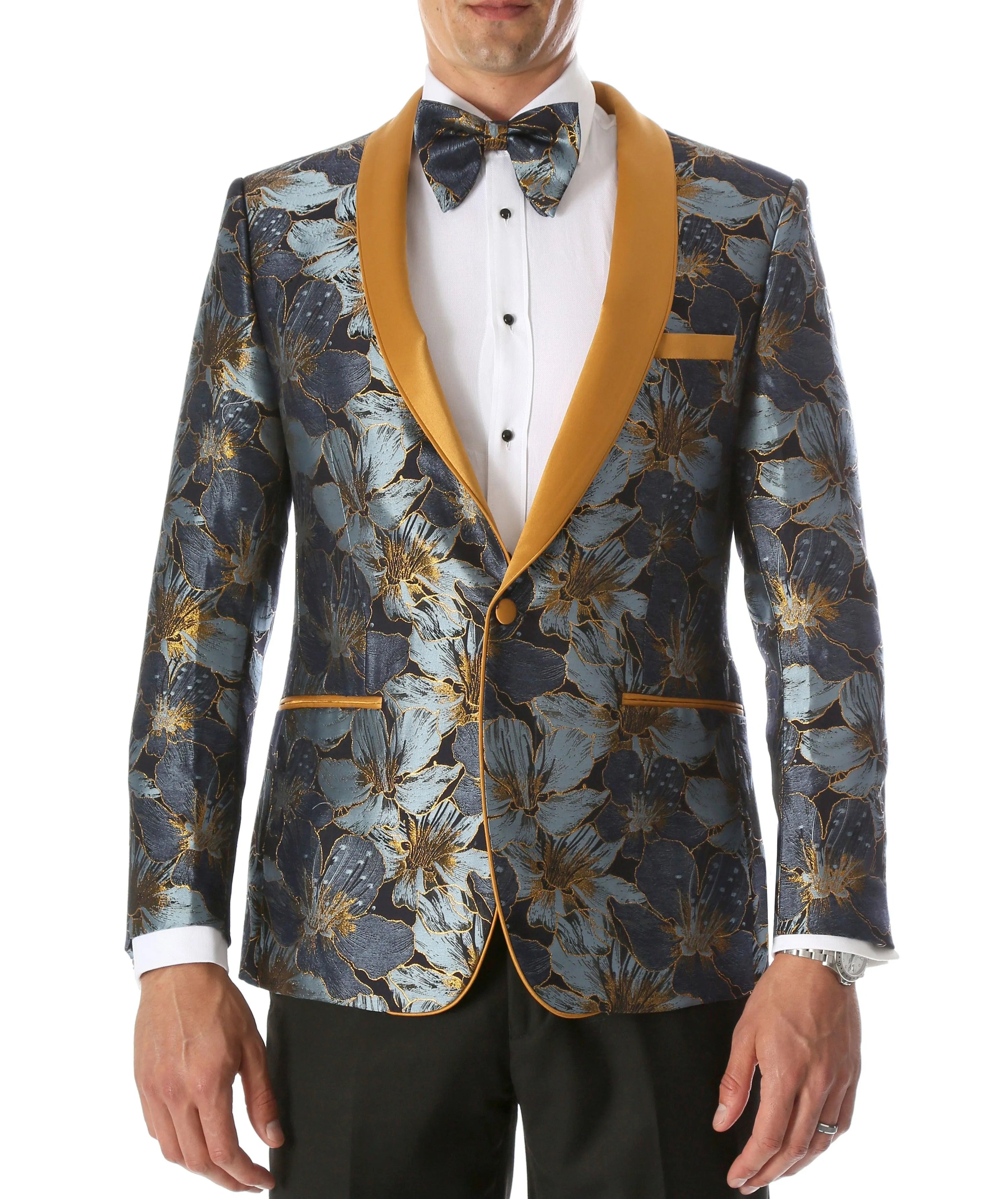 Men's Blue Hugo Floral Modern Fit Shawl Collar Tuxedo Blazer