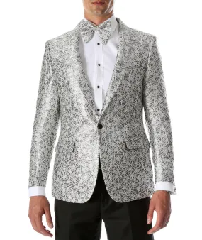 Men's Rene Abstract Silver Modern Fit Shawl Collar Tuxedo Blazer - Young Man’s Prom Wear