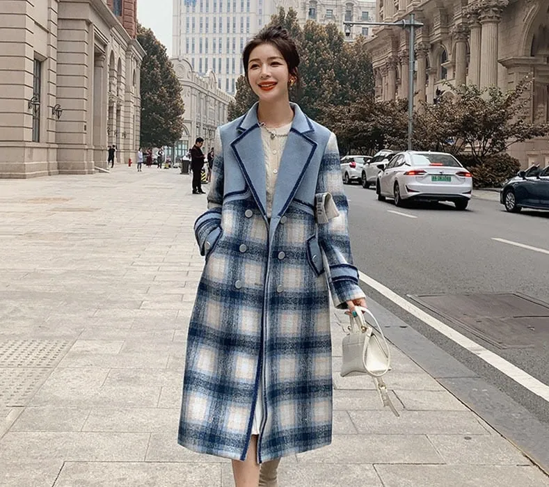 Plaid Spliced Double-Breasted Trench Coat with Belt