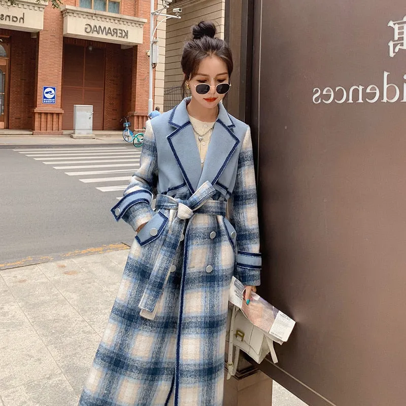 Plaid Spliced Double-Breasted Trench Coat with Belt