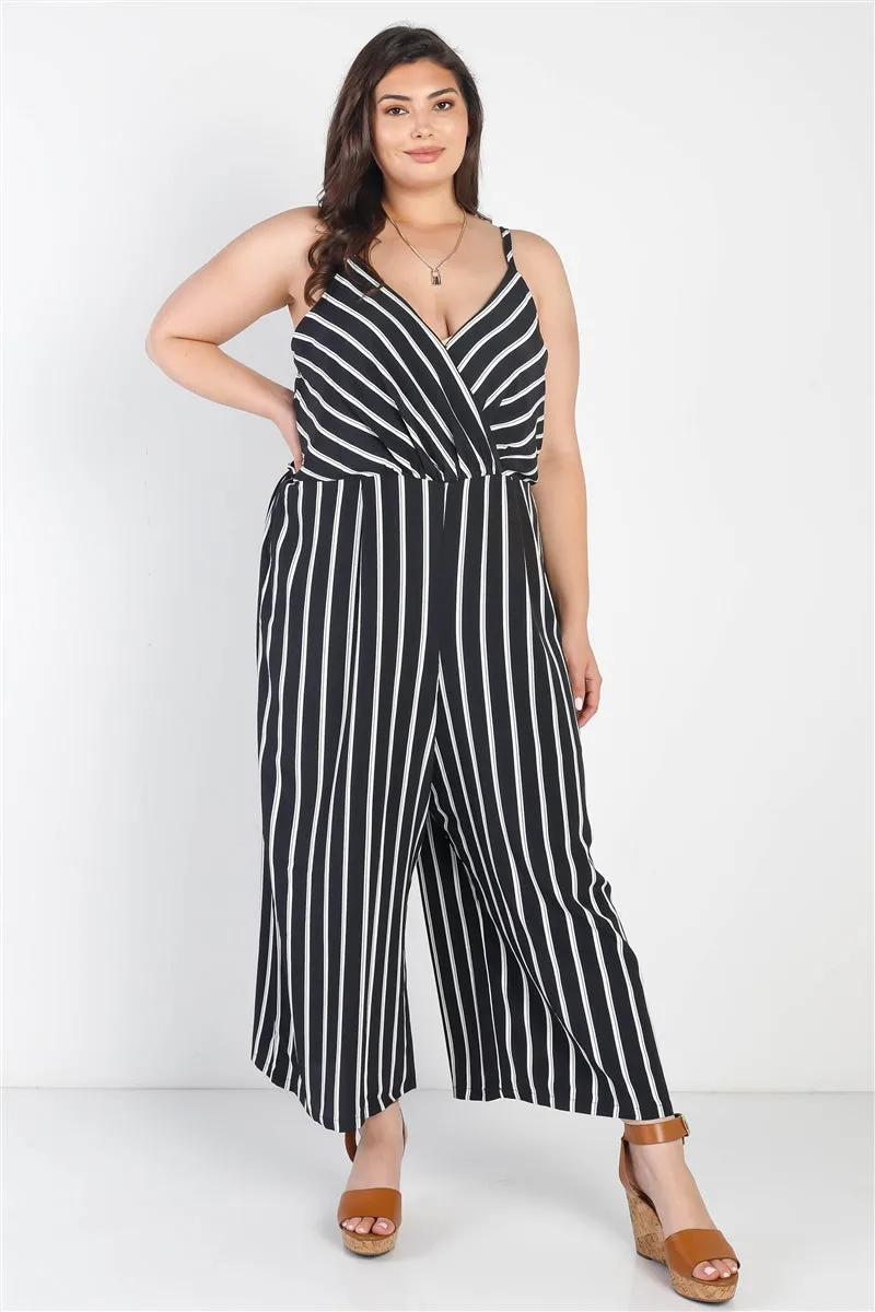 Plus Black Stripe V-Neck Sleeveless Romper