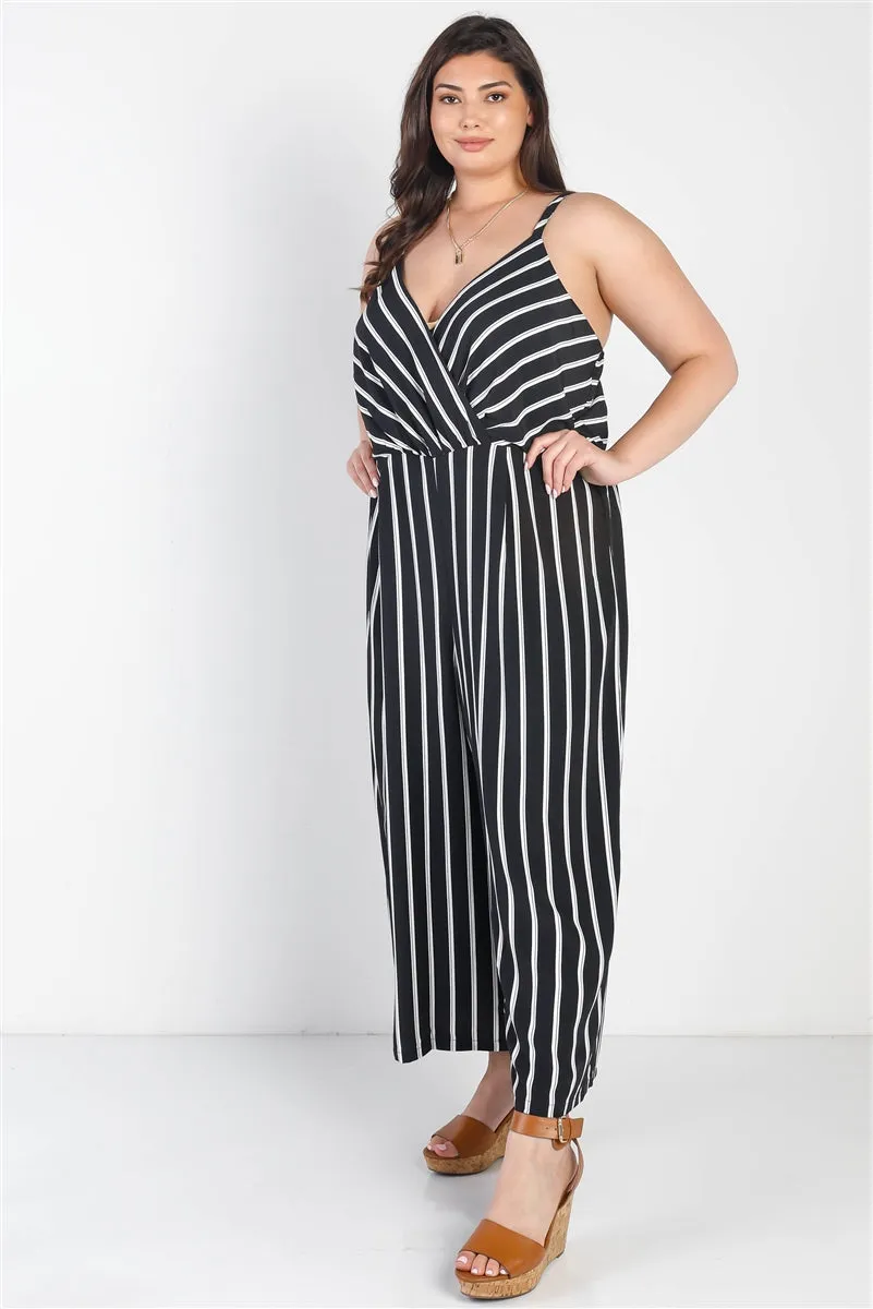 Plus Black Stripe V-Neck Sleeveless Romper