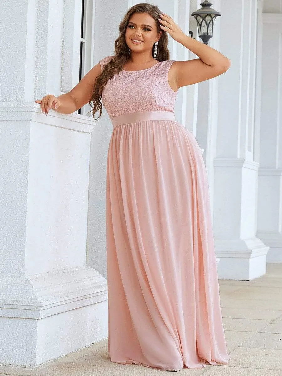 Plus Size Classic Round Neck V Back A-Line Chiffon Bridesmaid Dresses with Lace