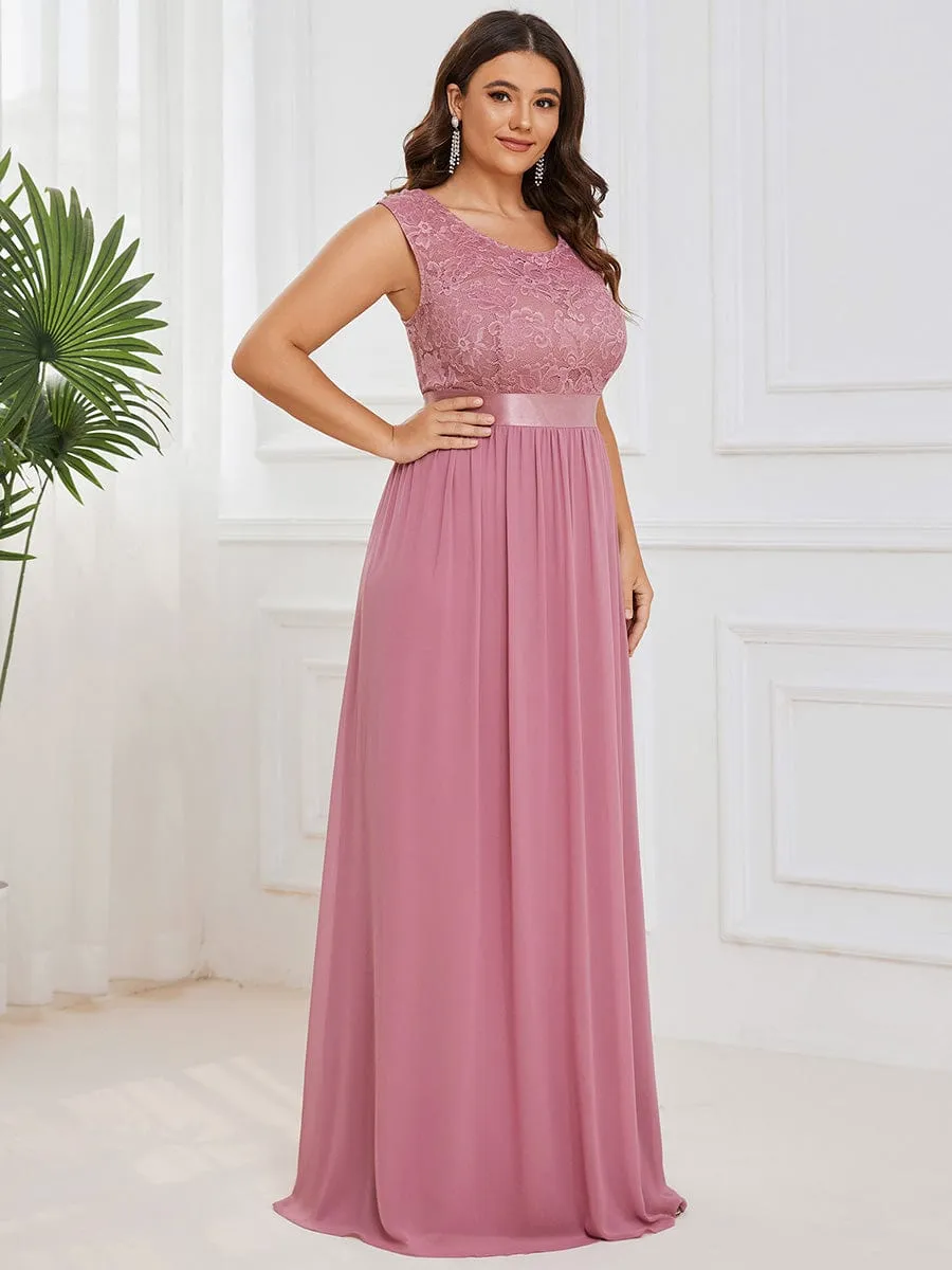 Plus Size Classic Round Neck V Back A-Line Chiffon Bridesmaid Dresses with Lace