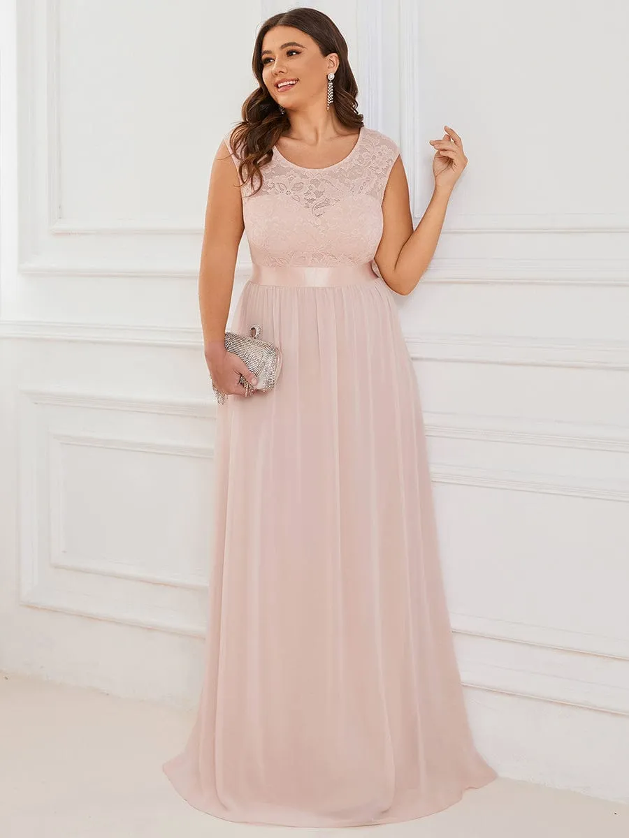 Plus Size Classic Round Neck V Back A-Line Chiffon Bridesmaid Dresses with Lace