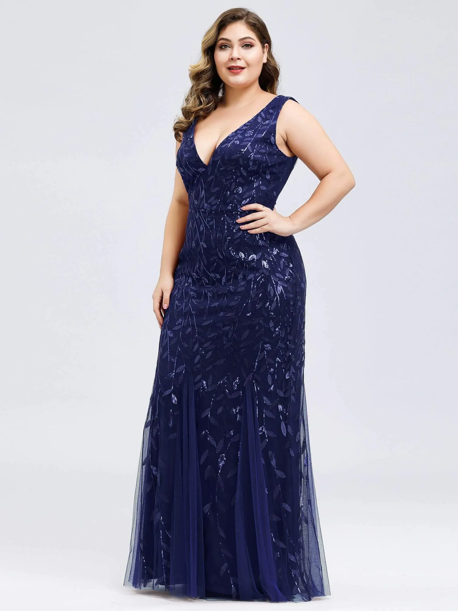 Plus Size Double V-Neck Fishtail Sequin Maxi Evening Dress