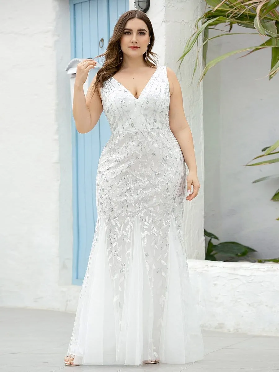 Plus Size Double V-Neck Fishtail Sequin Maxi Evening Dress