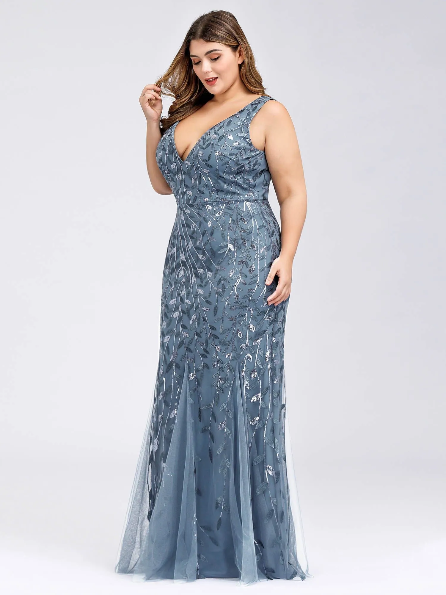 Plus Size Double V-Neck Fishtail Sequin Maxi Evening Dress