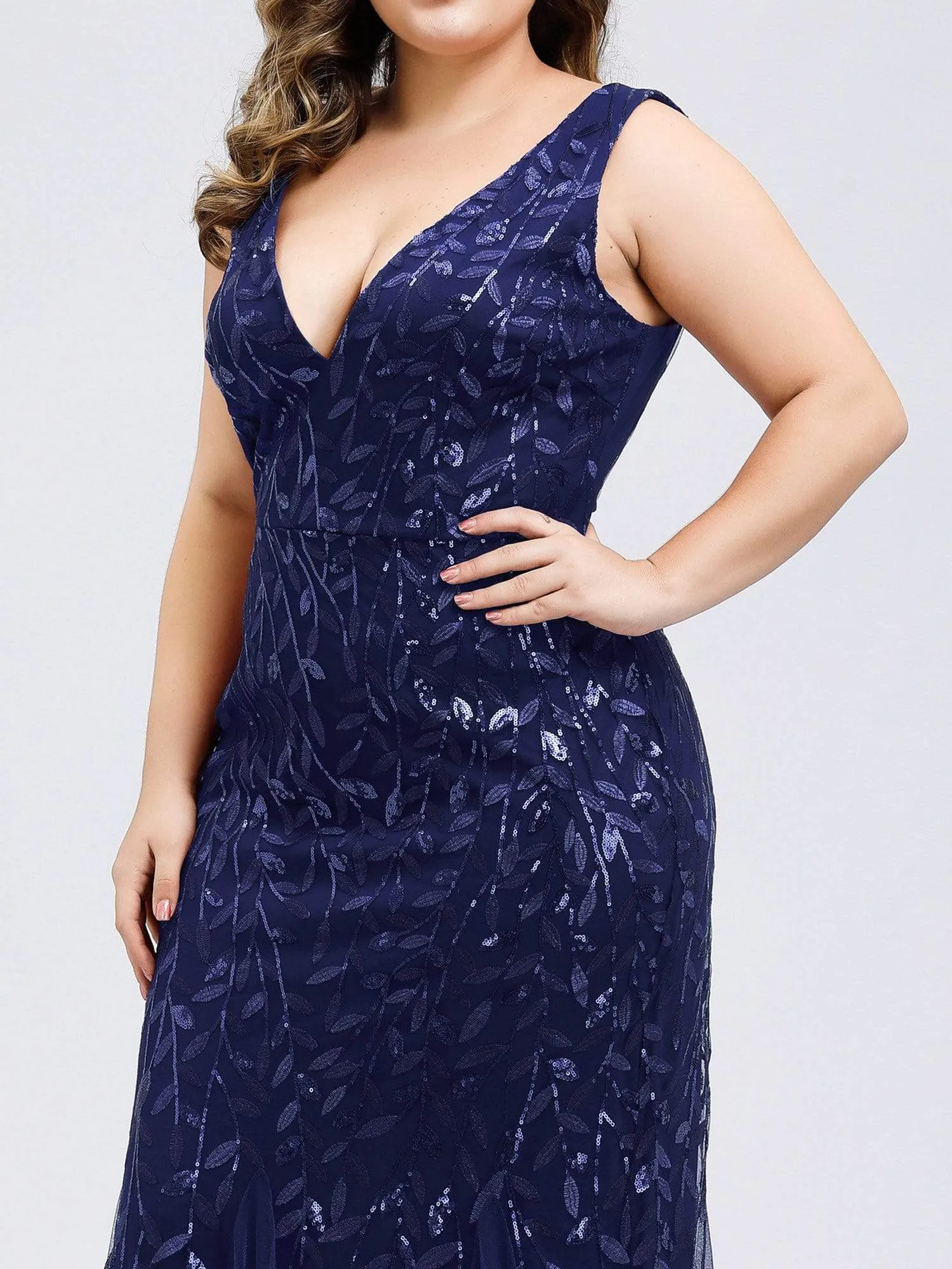 Plus Size Double V-Neck Fishtail Sequin Maxi Evening Dress