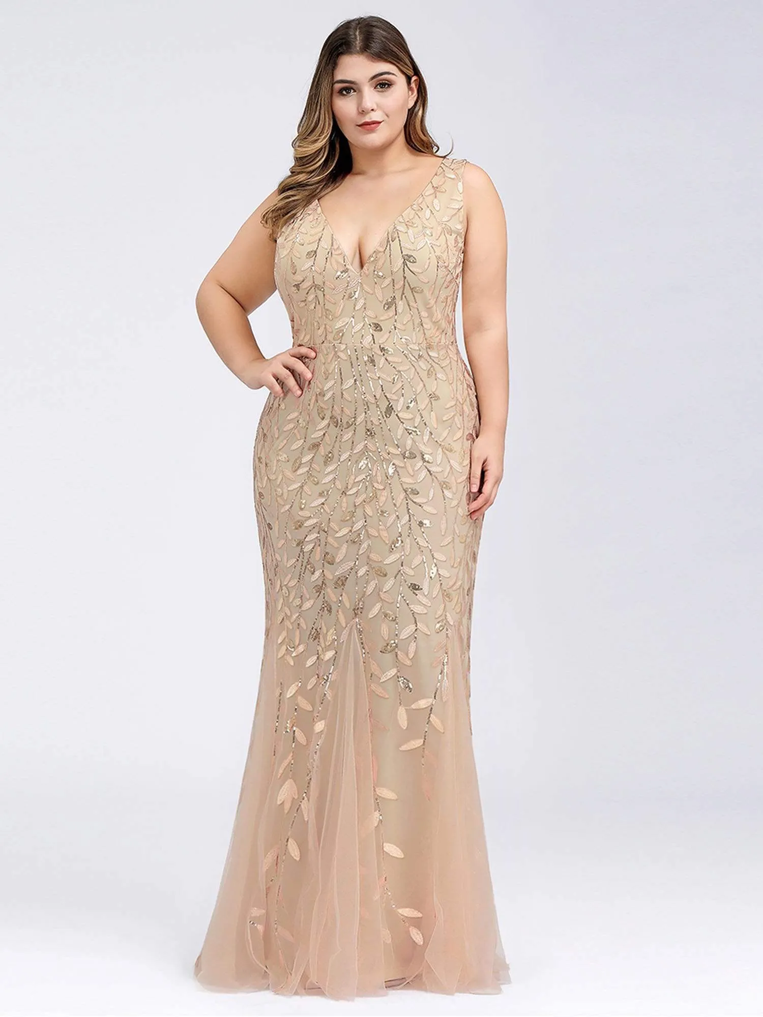 Plus Size Double V-Neck Fishtail Sequin Maxi Evening Dress