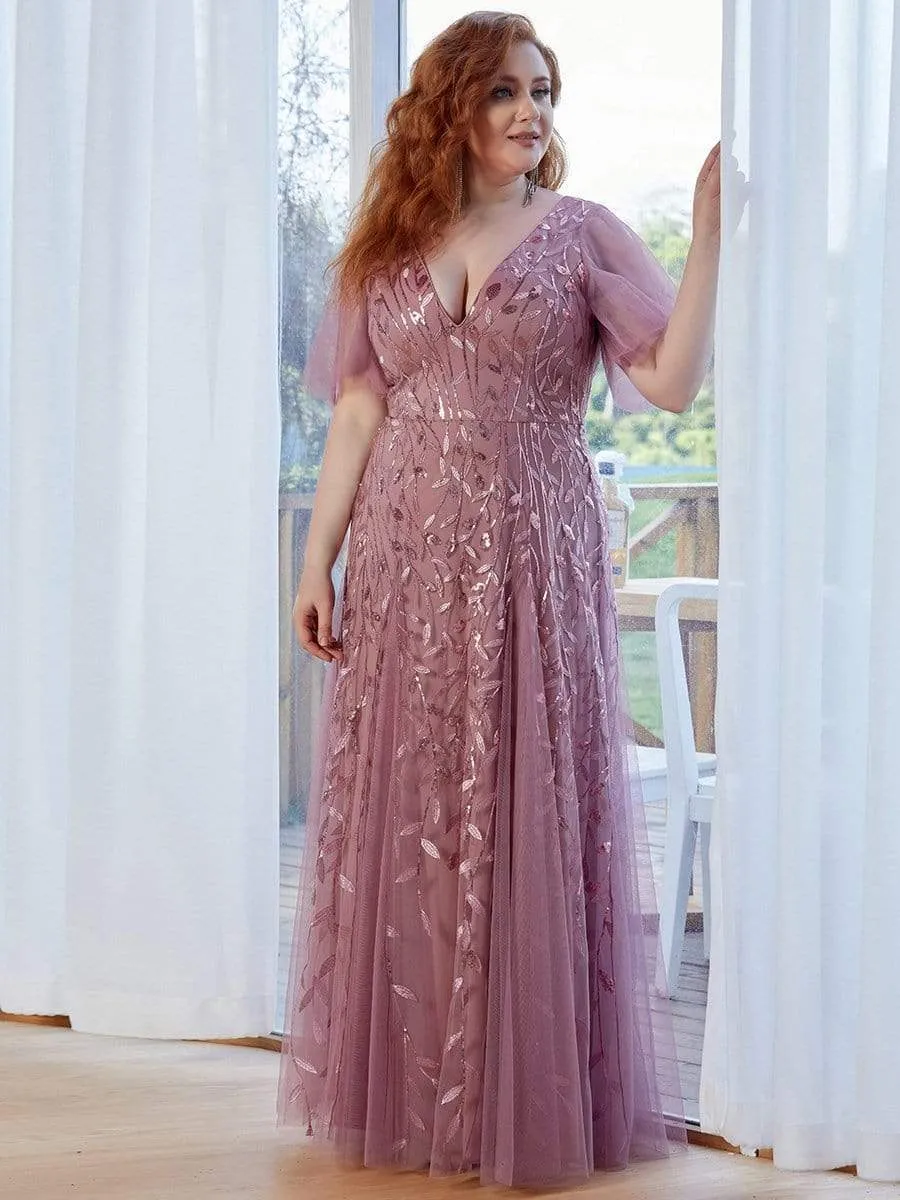 Plus Size Shimmery V Neck Evening Gowns with Ruffles Sleeves