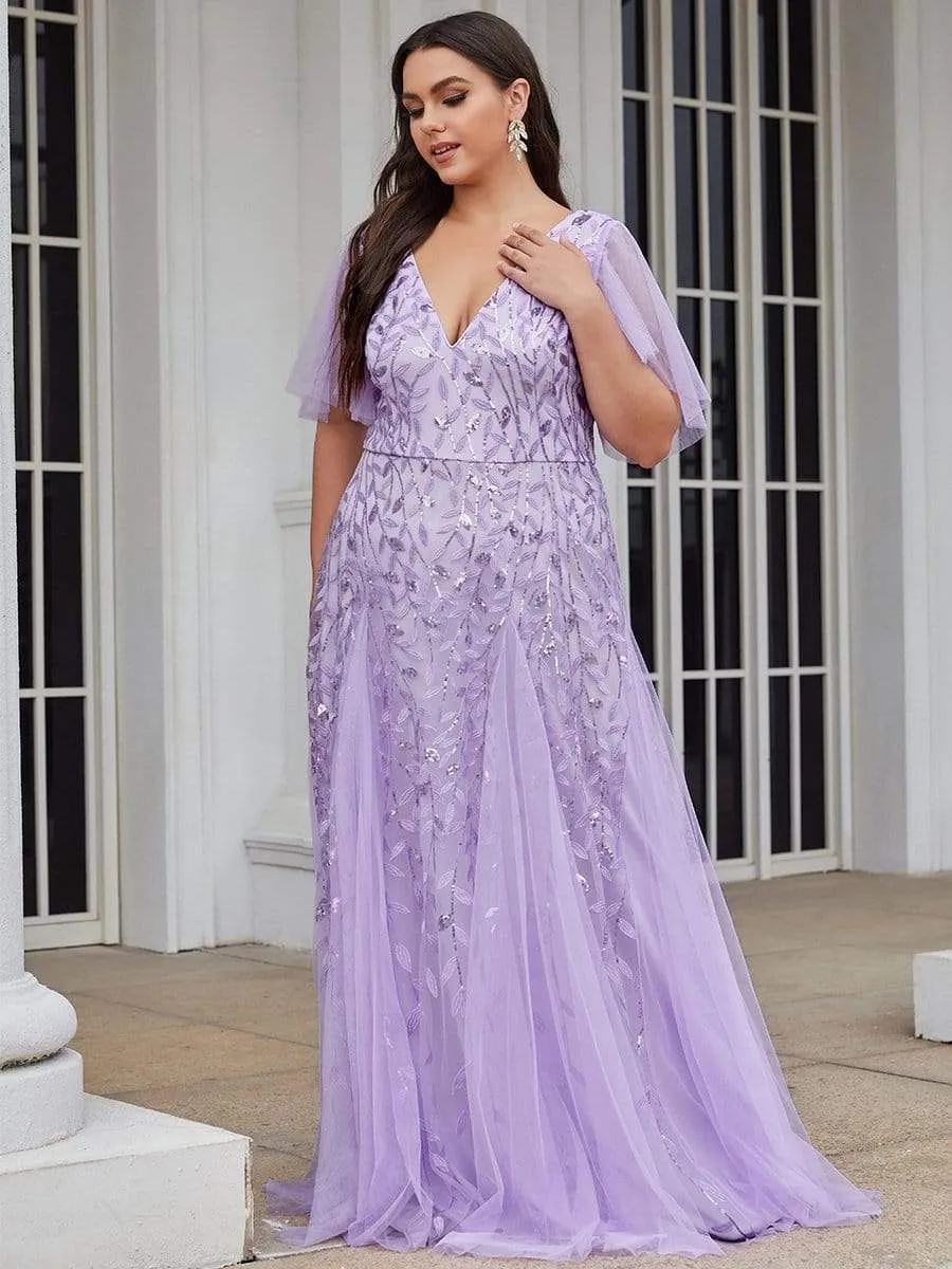 Plus Size Shimmery V Neck Evening Gowns with Ruffles Sleeves