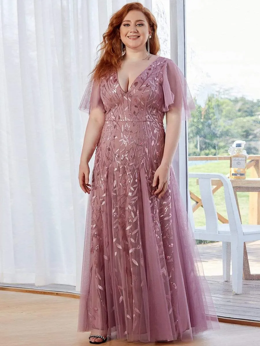 Plus Size Shimmery V Neck Evening Gowns with Ruffles Sleeves