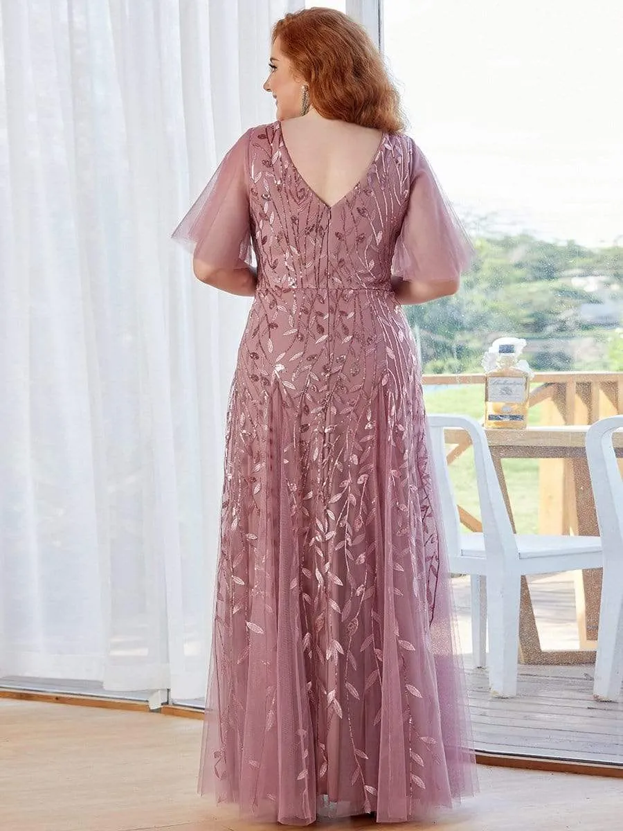 Plus Size Shimmery V Neck Evening Gowns with Ruffles Sleeves