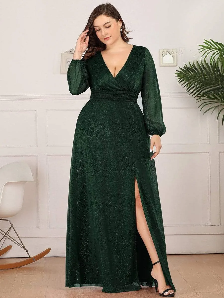 Plus Size V-Neck Shiny Puff Sleeve Evening Dress for Women