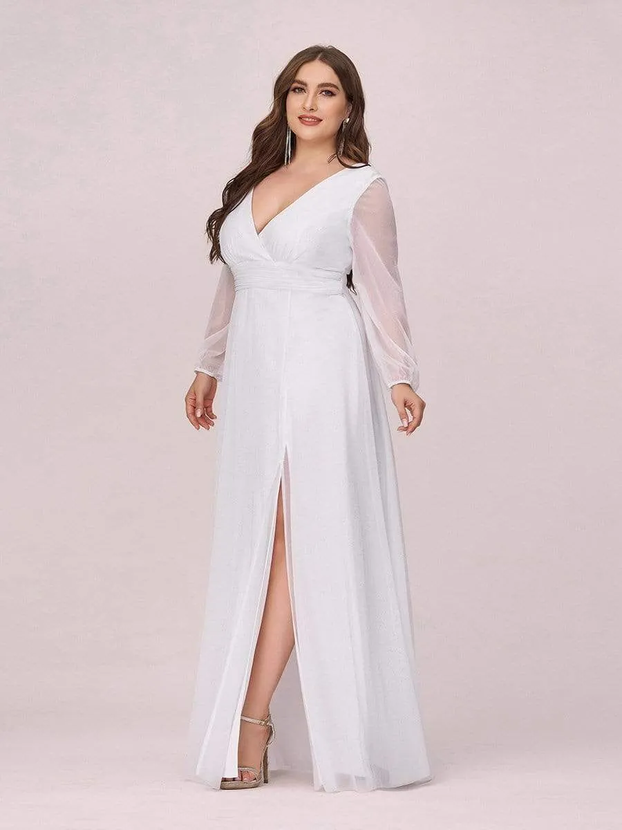 Plus Size V-Neck Shiny Puff Sleeve Evening Dress for Women