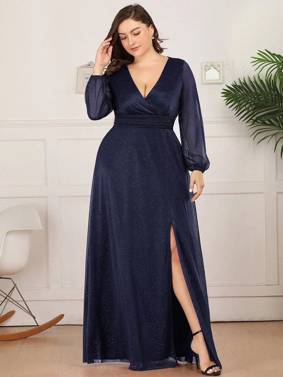 Plus Size V-Neck Shiny Puff Sleeve Evening Dress for Women