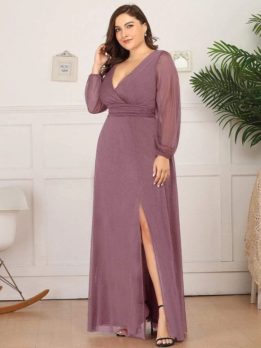 Plus Size V-Neck Shiny Puff Sleeve Evening Dress for Women