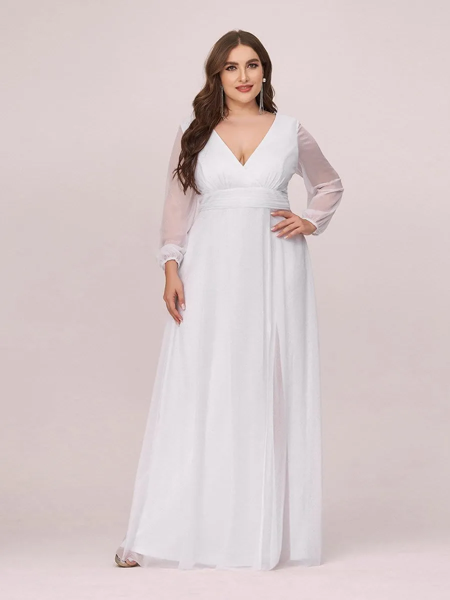 Plus Size V-Neck Shiny Puff Sleeve Evening Dress for Women