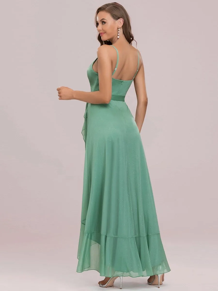 Spaghetti Strap Tie Waist Asymmetrical Floor-Length Evening Dress