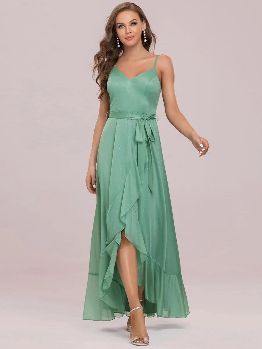 Spaghetti Strap Tie Waist Asymmetrical Floor-Length Evening Dress