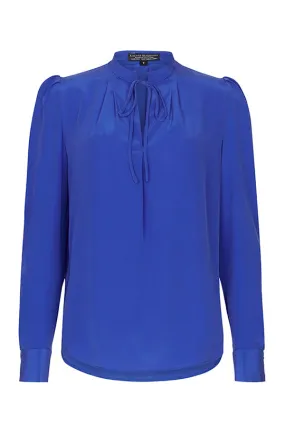 Stand Collar Washed Silk Blouse in Royal Blue - Sonia