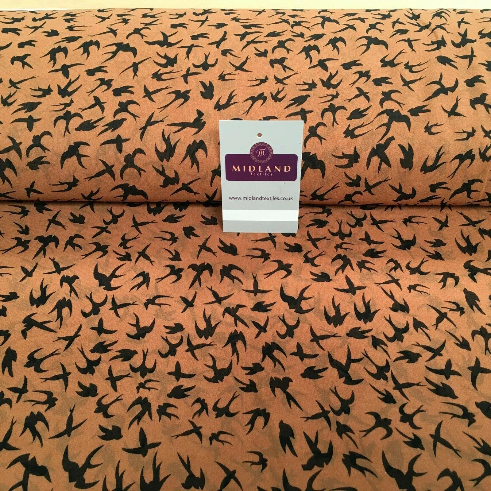 Tan Black Bird Printed High Street Light Chiffon Fabric 150 cm MK1084-18