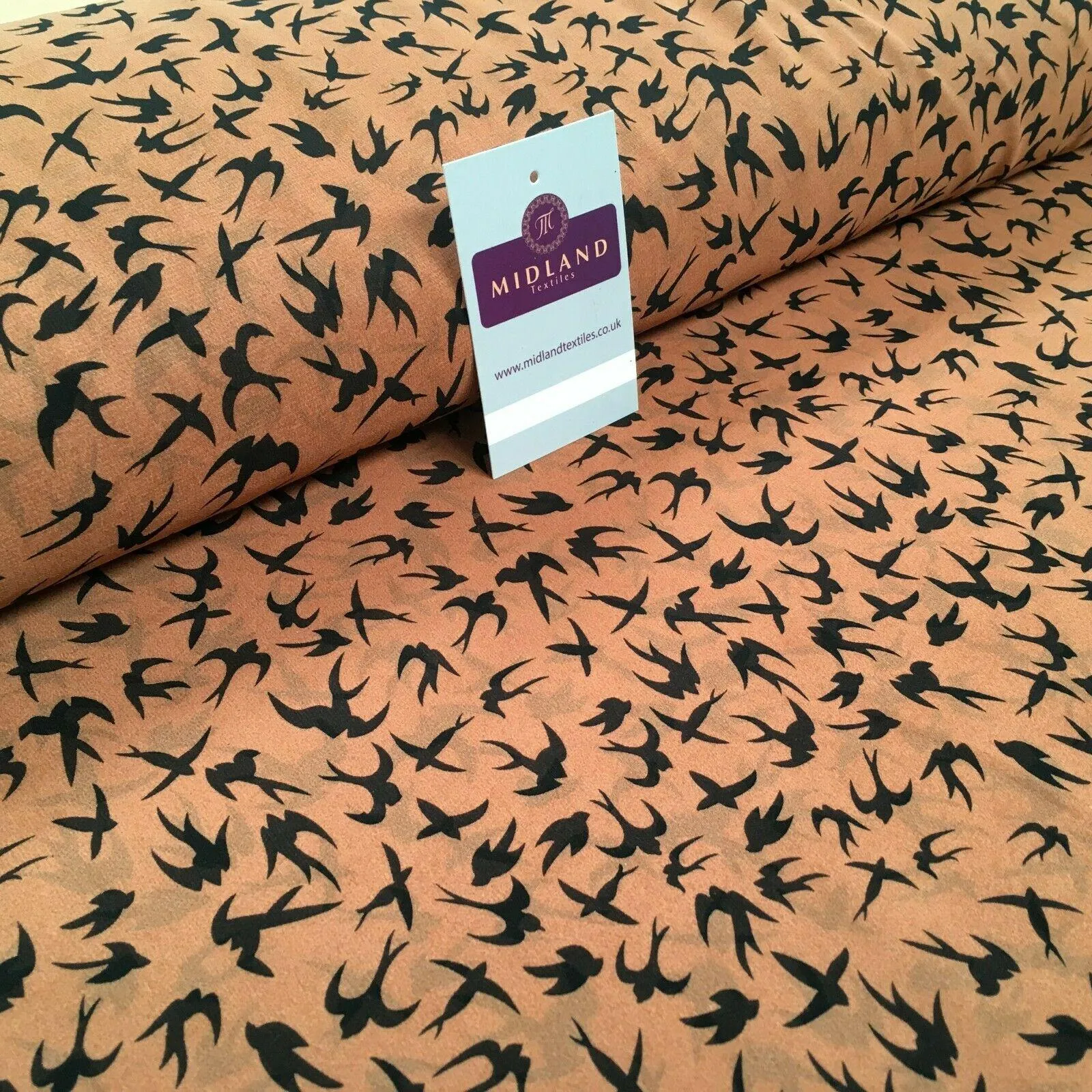 Tan Black Bird Printed High Street Light Chiffon Fabric 150 cm MK1084-18