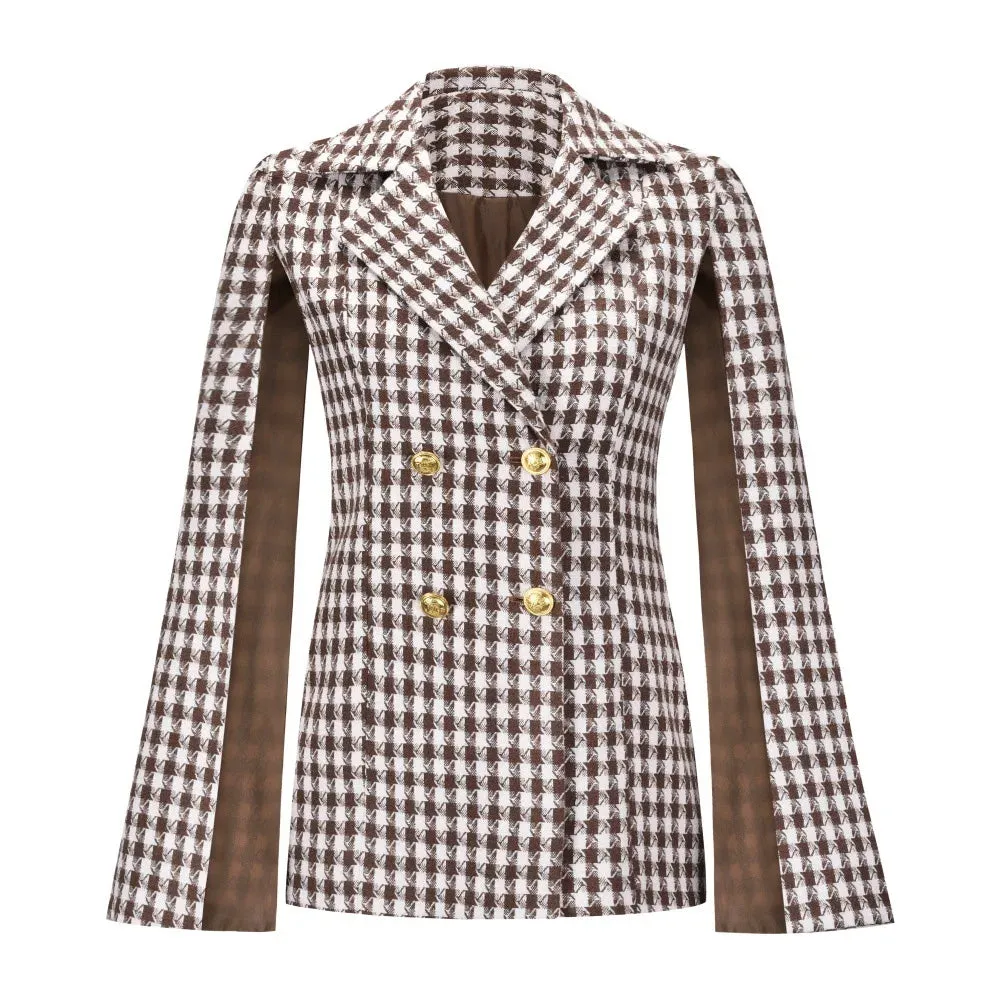 Temperament Elegant Bird Plaid Thousand Hepburn Autumn Buttons Jacket