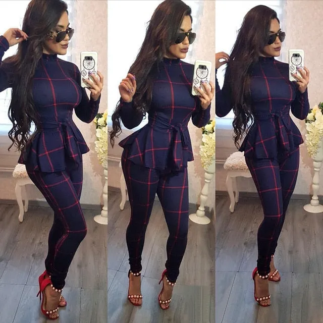 women new ruffles waist turtleneck long sleeve plaid print skinny pencil long pants jumpsuits bodycon rompers playsuits Y142