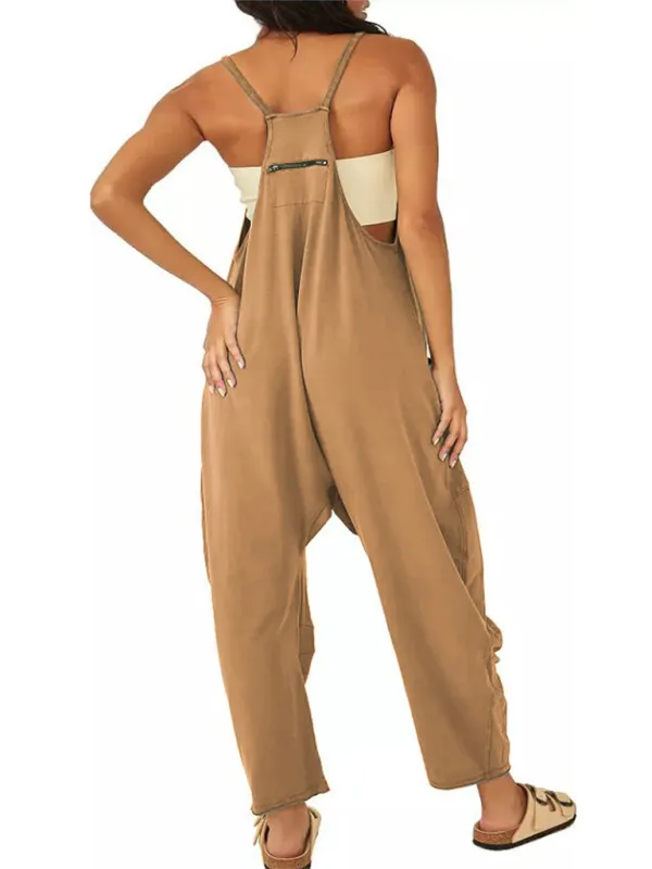 Women's casual solid color V-neck suspender pocket jumpsuit