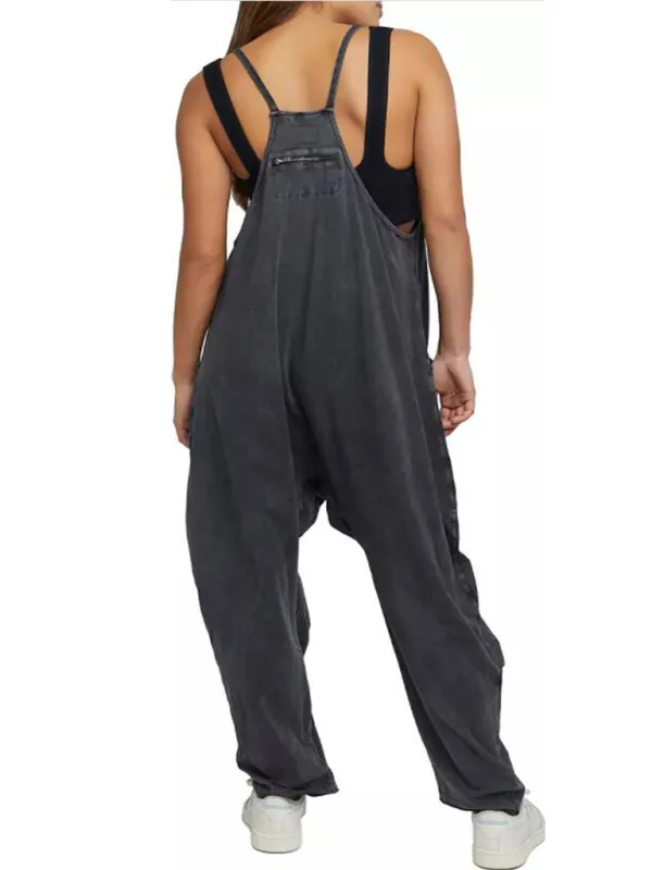 Women's casual solid color V-neck suspender pocket jumpsuit