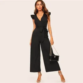 Women's Elegant Surplice Wrap Belted Wide Leg Black Jumpsuit