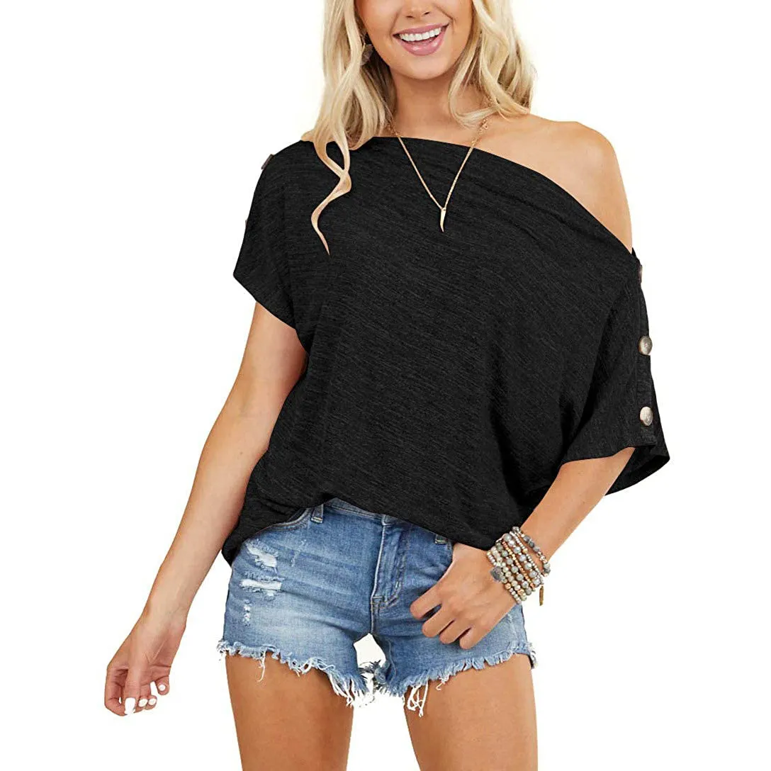 Women's Off Shoulder Button Down Short Sleeve Shirt